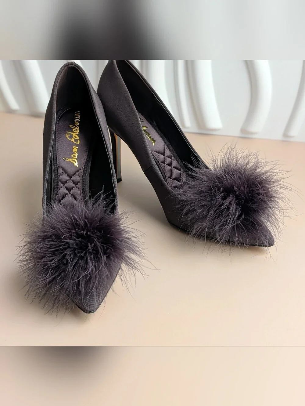 NWT Sam Edelman Hazel Feather Embellished Pumps Cocoa Satin Size 8 MSRP $165